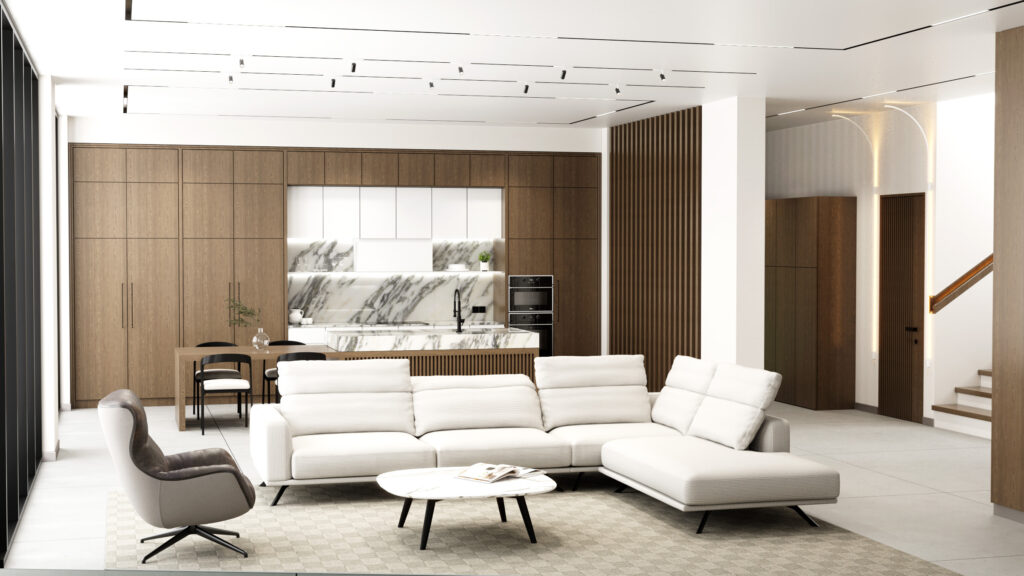 acpartners-İç mimarlık-tasarım-konforlu oturma grubu, ceviz paneller ve mermer detayların uyumlu bir şekilde bir araya geldiği modern iç mekân