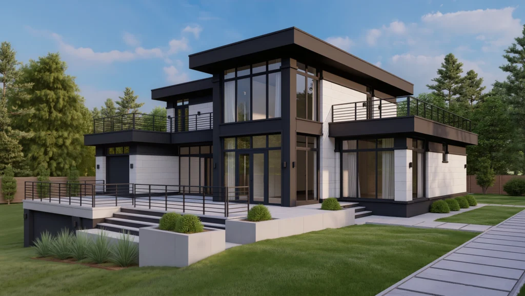 Siyah çerçeveli geniş camlı modern villa dış cephe tasarımı