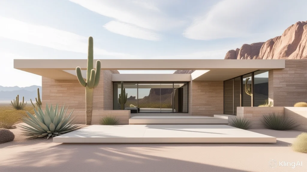 Traverten ve açık meşe kullanılan warm minimalism modern villa cephesi