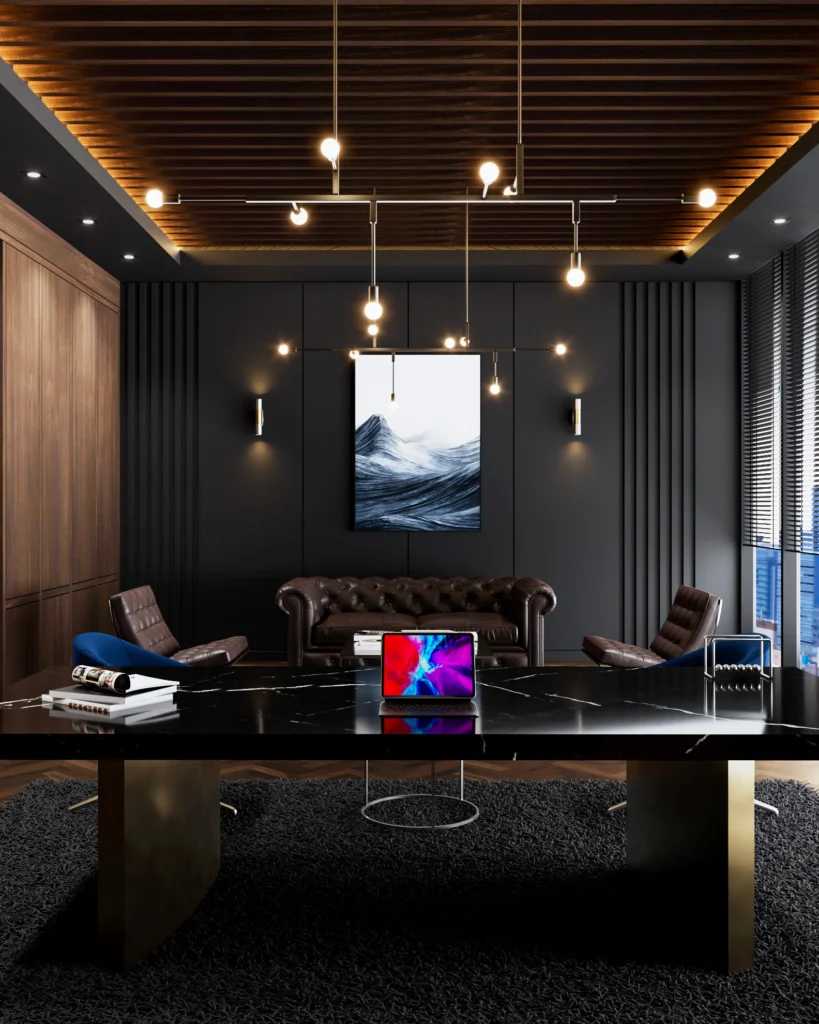 İç mimarlık ofisi- Siyah duvar panelleri, sıcak ceviz tonları ve seçkin pirinç detaylar; üst düzey bir özel ofis kurgusunu oluşturuyor.