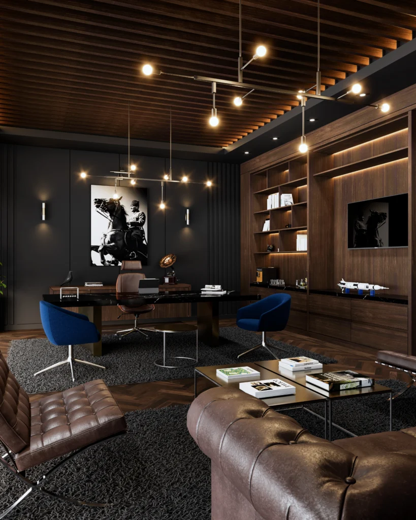 İç mimarlık ofisi- Temiz çizgiler, doğal dokular ve güçlü malzemeler bu çağdaş ofis tasarımını öne çıkarıyor.