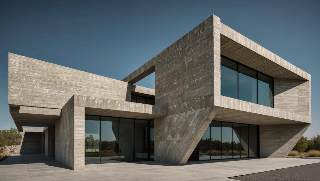 Ham beton yüzeyli neo-brutal modern villa dış cephe görünümü