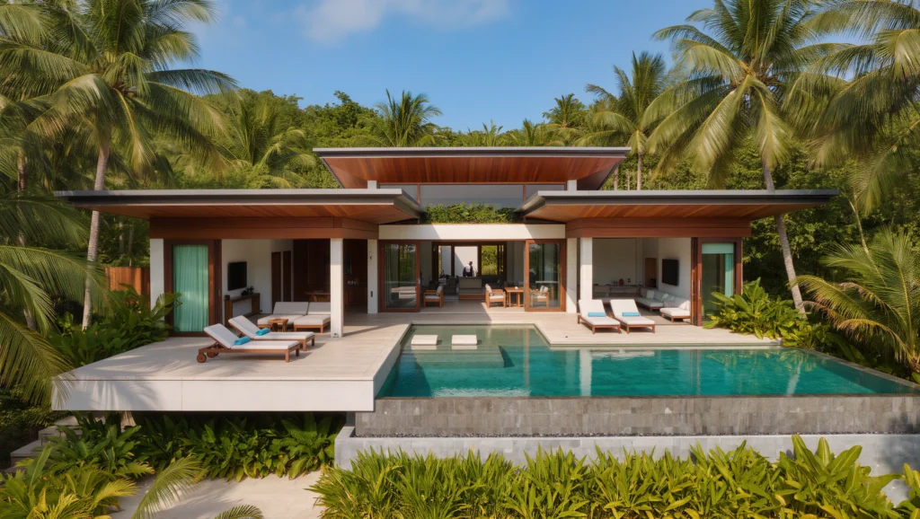 Geniş saçaklı ve ahşap pergolalı tropical modern villa tasarımı