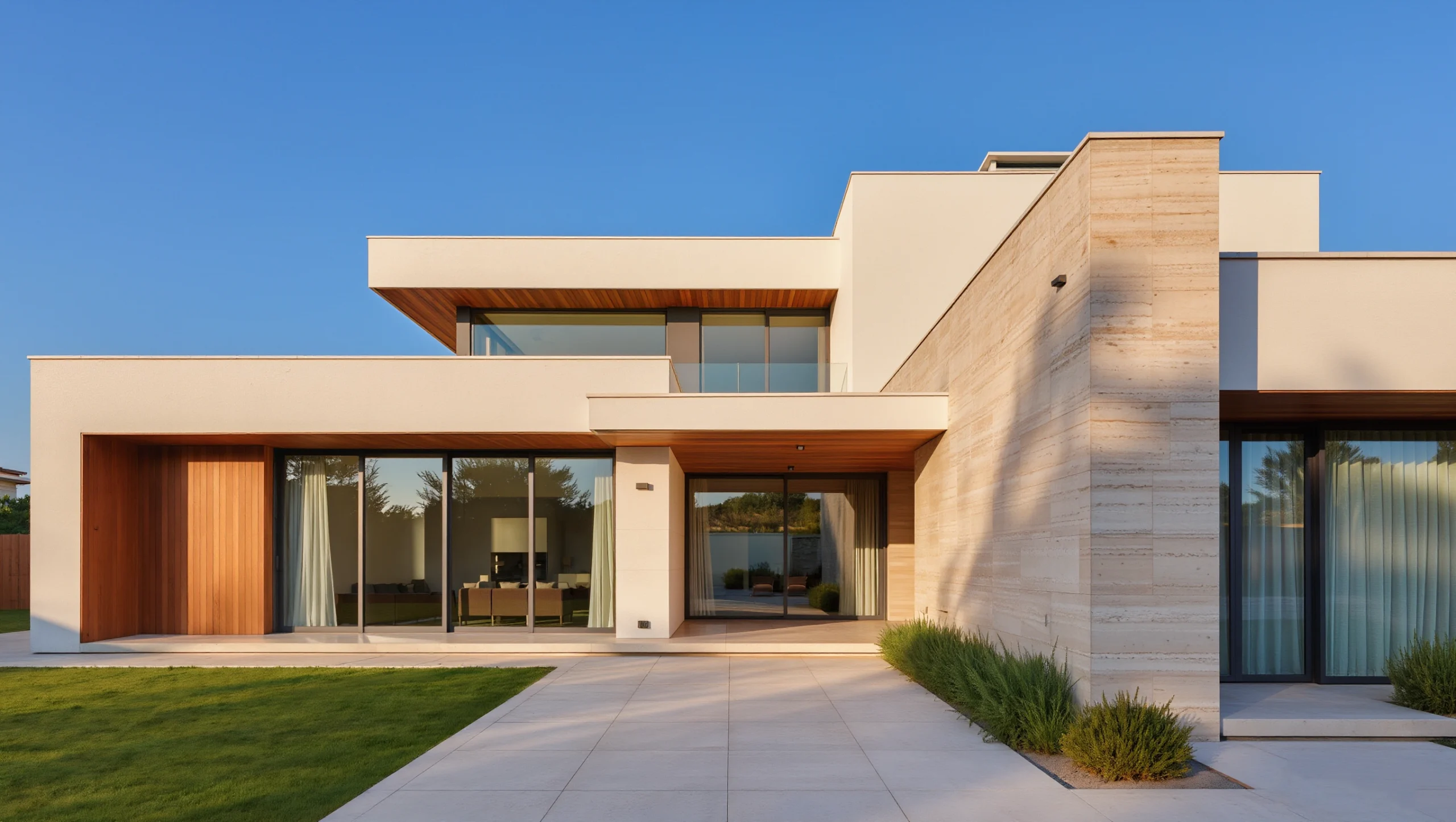 İç mimarlık ofisi- Traverten ve açık meşe kullanılan warm minimalism modern villa cephesi