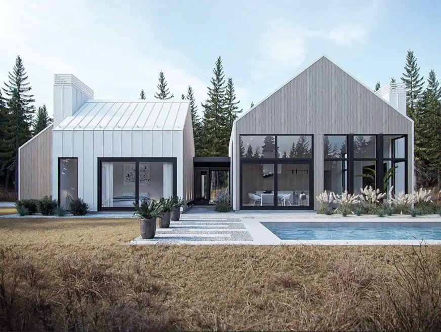 Açık ahşap ve beyaz cephe karışımlı İskandinav modern villa tasarımı