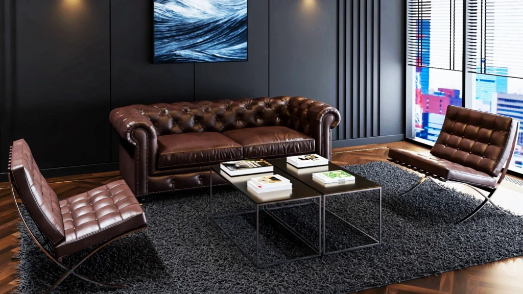 İç mimarlık ofisi-ikonik mobilya Chester field koltuğunun genel görünümü ve kullanımı