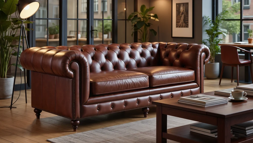 İç mimarlık ofisi-ikonik mobilya Chester field koltuğunun genel görünümü ve kullanımı
