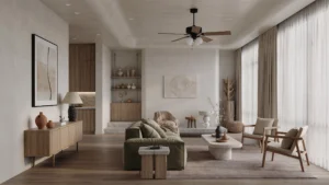 Mimarlık-iç mimarlık-inşaat-Japandi 2.0 iç mekân tasarımı; doğal ahşap yüzeyler, sıcak toprak tonları ve sade ama karakterli mobilyalarla huzurlu bir yaşam alanı.