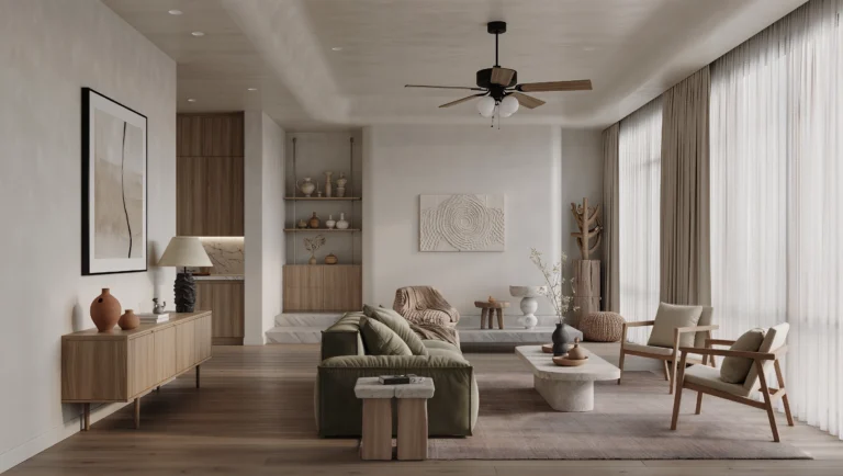 Mimarlık-iç mimarlık-inşaat-Japandi 2.0 iç mekân tasarımı; doğal ahşap yüzeyler, sıcak toprak tonları ve sade ama karakterli mobilyalarla huzurlu bir yaşam alanı.