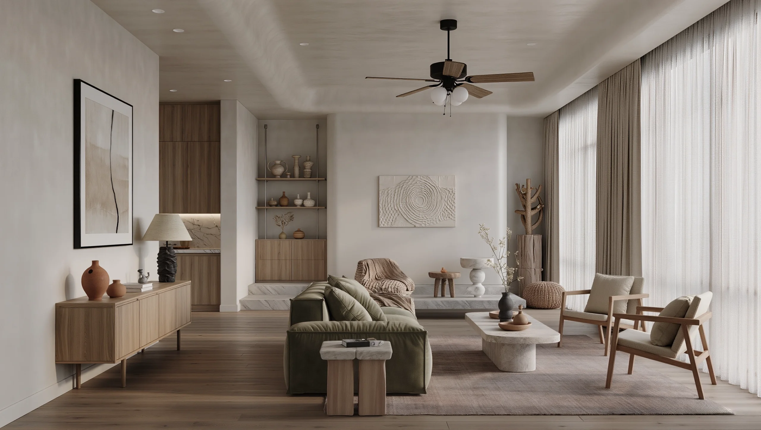 Mimarlık-iç mimarlık-inşaat-Japandi 2.0 iç mekân tasarımı; doğal ahşap yüzeyler, sıcak toprak tonları ve sade ama karakterli mobilyalarla huzurlu bir yaşam alanı.