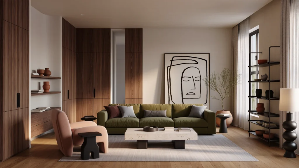 Mimarlık-iç mimarlık-inşaat-Japandi stilinin yeni yorumu; nötr zeminler üzerinde zeytin yeşili ve terracotta dokunuşlar, modüler mobilyalar ve kişisel sanat detaylarıyla şekillenen modern yaşam alanı.