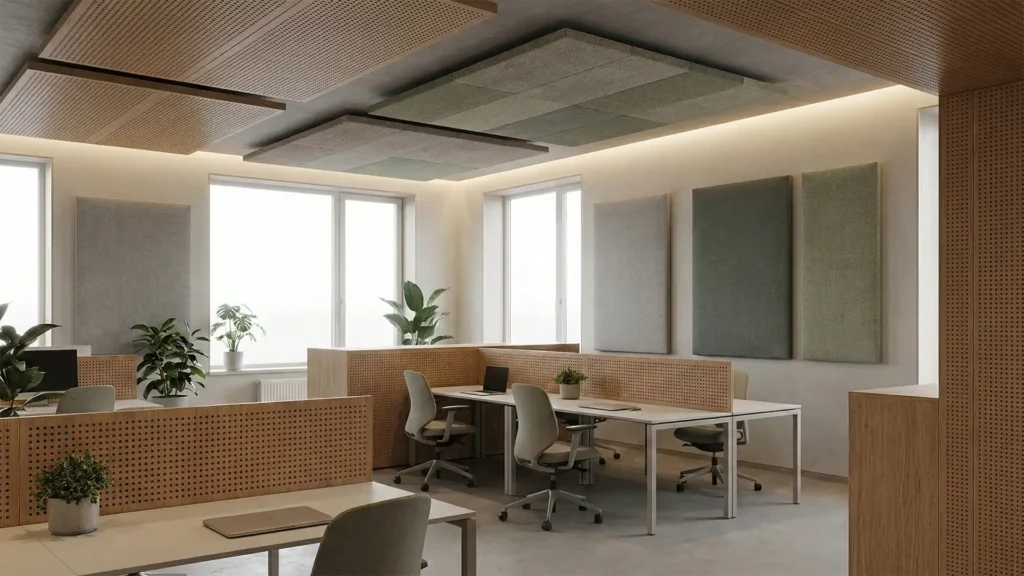 Ofis tasarımında akustik konforu destekleyen akustik paneller ve ses yutucu yüzeylerle tasarlanmış modern çalışma alanı