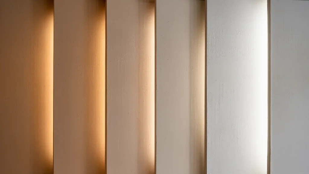 Krem renkli tek bir duvar yüzeyinin 2500K, 3000K, 3500K, 4500K, 5000K ve 6000K ışık sıcaklıkları altında farklı algılanışını gösteren karşılaştırmalı görsel, iç mimarlıkta doğru aydınlatma seçiminin malzeme rengini nasıl değiştirdiğini ortaya koyuyor.