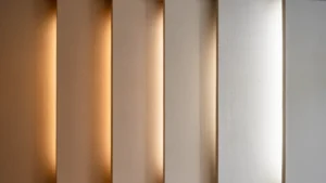 Krem renkli tek bir duvar yüzeyinin 2500K, 3000K, 3500K, 4500K, 5000K ve 6000K ışık sıcaklıkları altında farklı algılanışını gösteren karşılaştırmalı görsel, iç mimarlıkta doğru aydınlatma seçiminin malzeme rengini nasıl değiştirdiğini ortaya koyuyor.