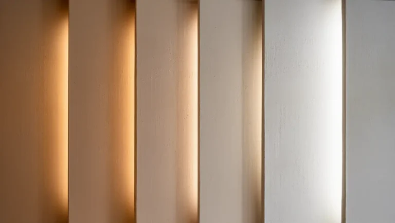 Krem renkli tek bir duvar yüzeyinin 2500K, 3000K, 3500K, 4500K, 5000K ve 6000K ışık sıcaklıkları altında farklı algılanışını gösteren karşılaştırmalı görsel, iç mimarlıkta doğru aydınlatma seçiminin malzeme rengini nasıl değiştirdiğini ortaya koyuyor.