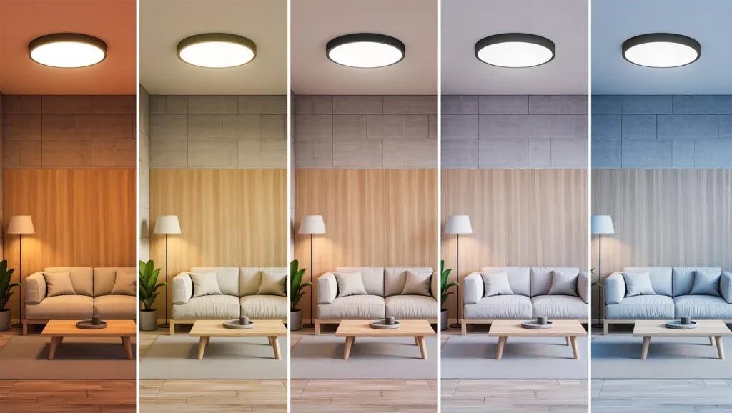 Aynı modern salonun altı farklı renk sıcaklığında (2500K–6000K) gösterimi, iç mimarlıkta aydınlatma seçiminin mekân atmosferine etkisini karşılaştırmalı olarak sunan görsel.