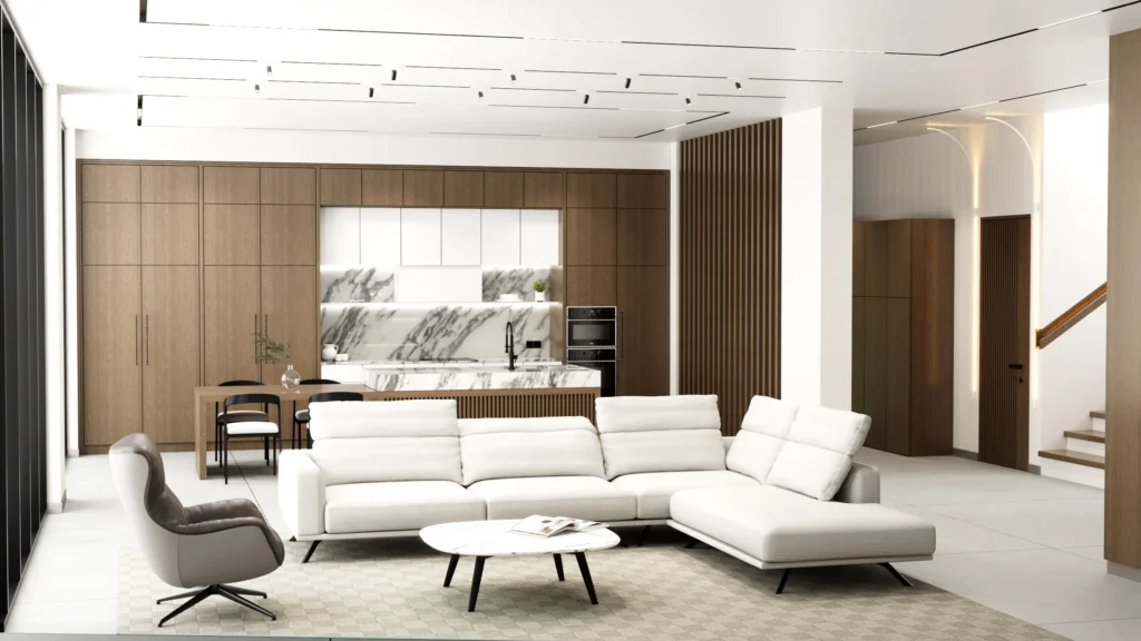 acpartners-İç mimarlık-tasarım-konforlu oturma grubu, ceviz paneller ve mermer detayların uyumlu bir şekilde bir araya