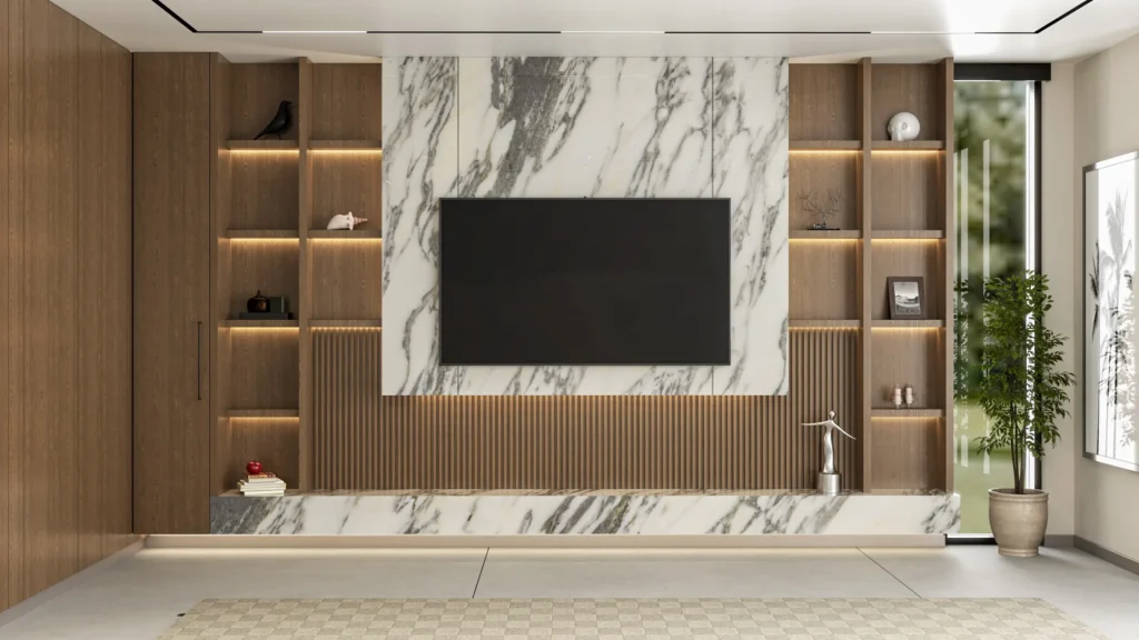 acpartners-İç mimarlık-tasarım-minimal tasarım yaklaşımıyla mermer mutfak adası, ceviz dolaplar ve modern oturma alanı içeren zarif bir yaşam alanı