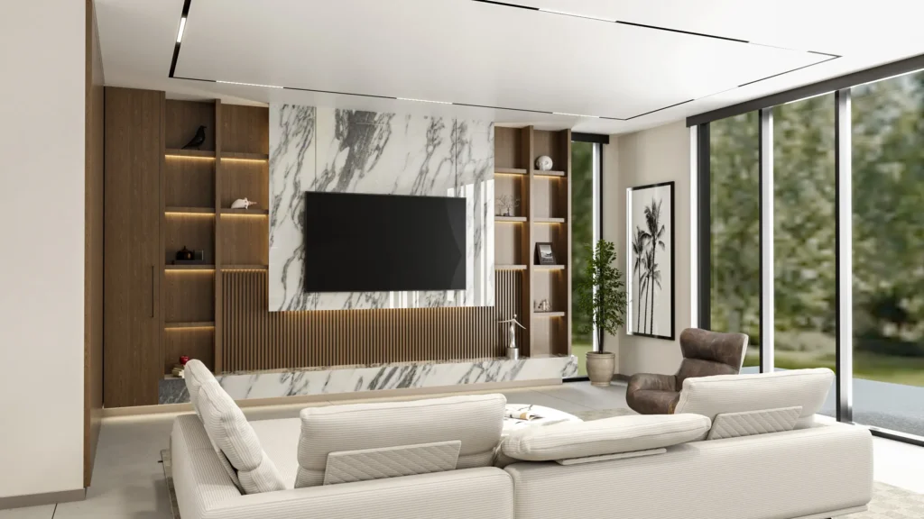 acpartners-İç mimarlık-tasarım-minimal tasarım yaklaşımıyla mermer mutfak adası, ceviz dolaplar ve modern oturma alanı içeren zarif bir yaşam alanı