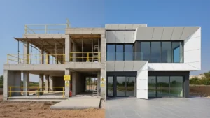 Bir villanın yarısı kaba beton taşıyıcı sistem ve iş güvenliği ekipmanlarıyla şantiye halinde, diğer yarısı ise tamamlanmış dış cephe olarak gösteriliyor.