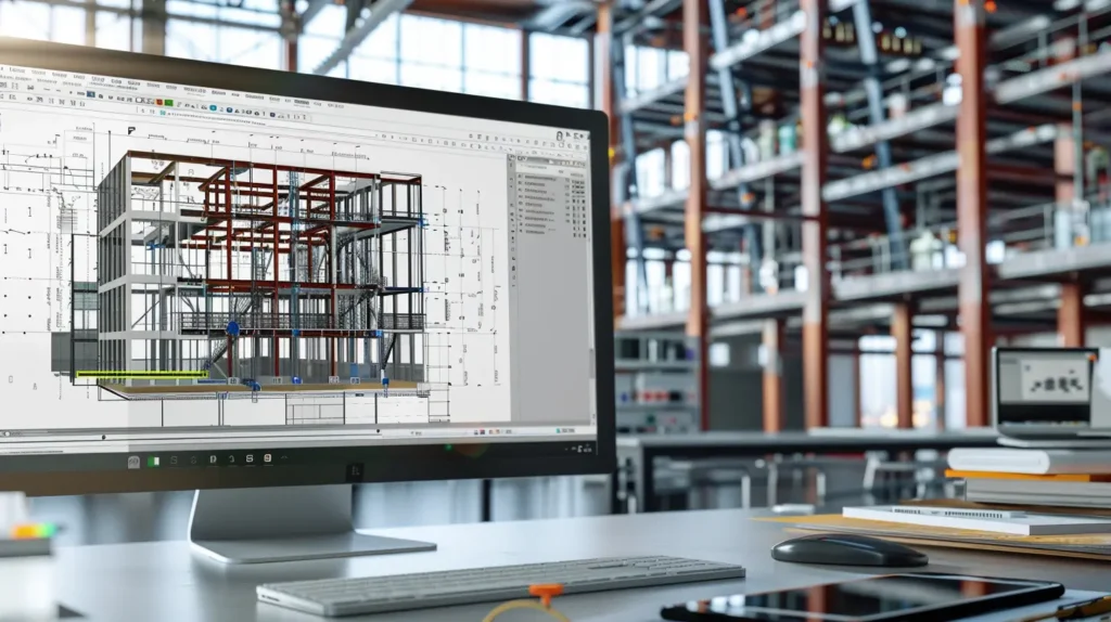 Revit arayüzünde görüntülenen LOD 400 seviyesinde BIM modeli; çelik birleşim detayları, civata bağlantıları, cephe ankrajları ve koordine edilmiş MEP sistemleri ile uygulamaya hazır teknik model.