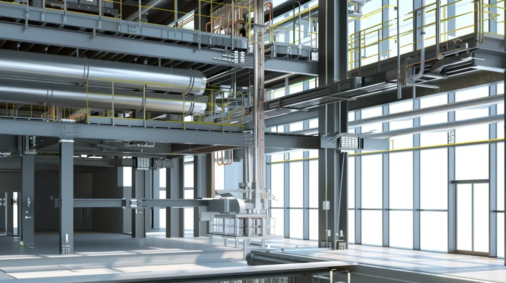 Şantiye süreci ile entegre edilmiş BIM modeli; taşıyıcı sistem, mekanik tesisat ve cephe sistemlerinin koordineli olarak incelendiği dijital proje ortamı.