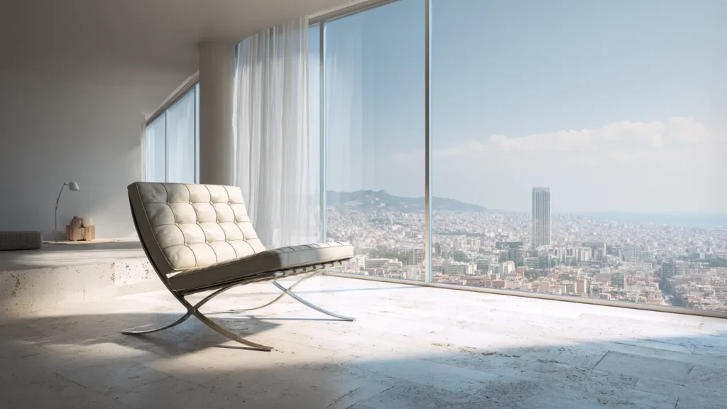 Barcelona chair siyah deri kaplama ve paslanmaz çelik ayak yapısıyla modern tasarım koltuğu