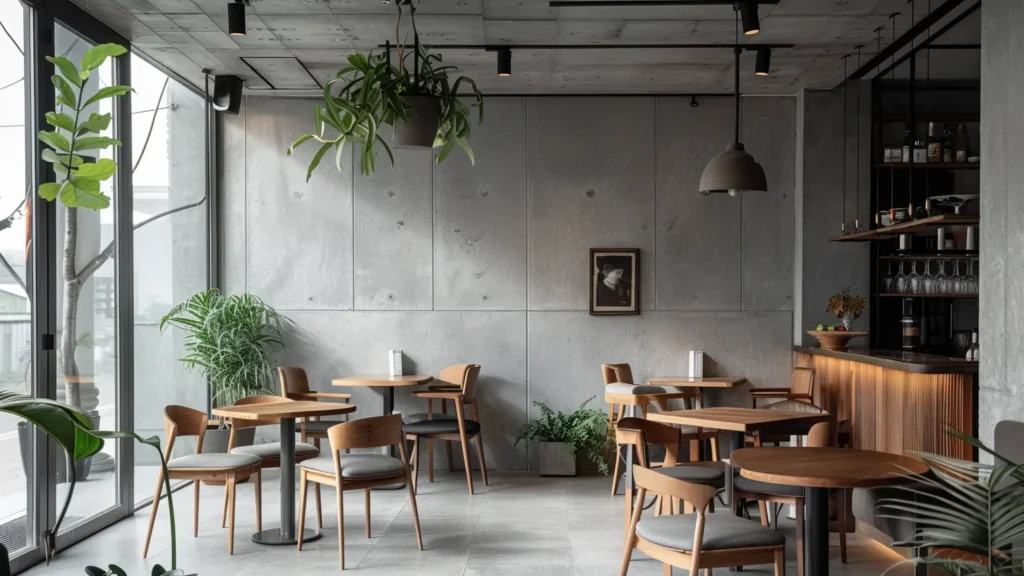 Brüt beton tavan ve duvarların sıcak aydınlatma ile yumuşatıldığı minimalist kafe ortamı