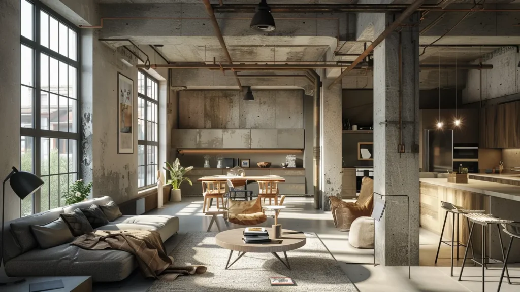 Geniş pencereli loft dairede brüt beton ve ahşap kombinasyonu ile oluşturulan sıcak yaşam alanı