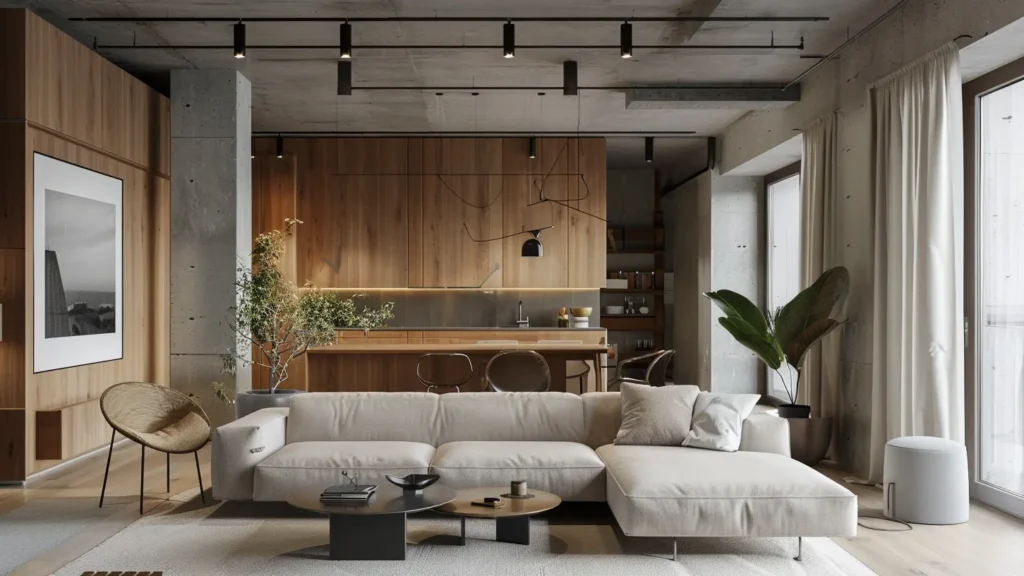 Brüt beton yüzeylerin doğal ışık ve tekstil ile desteklendiği çağdaş loft daire
