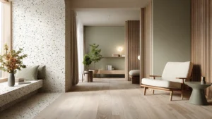 Minimalist yaşam alanında terrazo kaplama zemin ile doğal ışık kullanımı