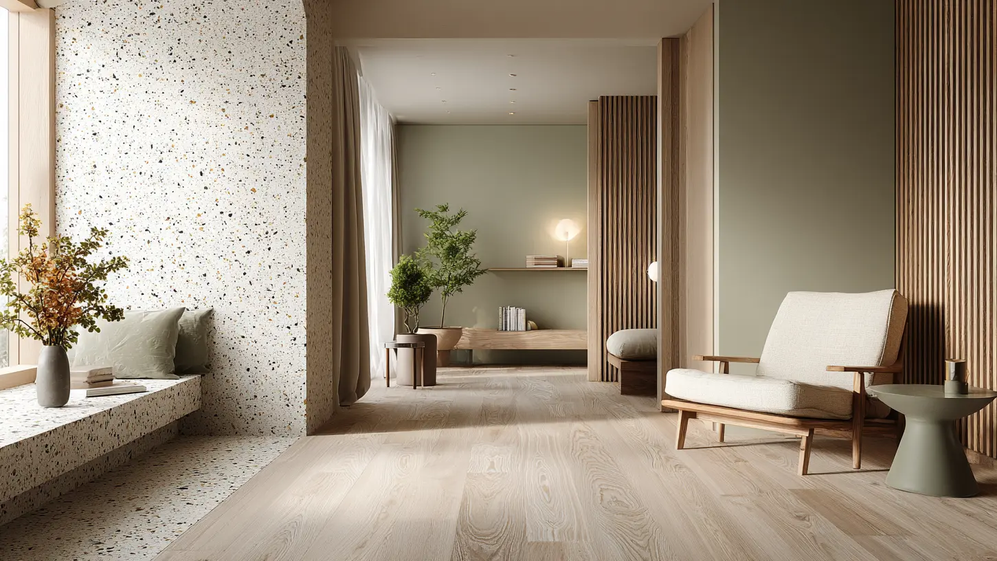 Minimalist yaşam alanında terrazo kaplama zemin ile doğal ışık kullanımı