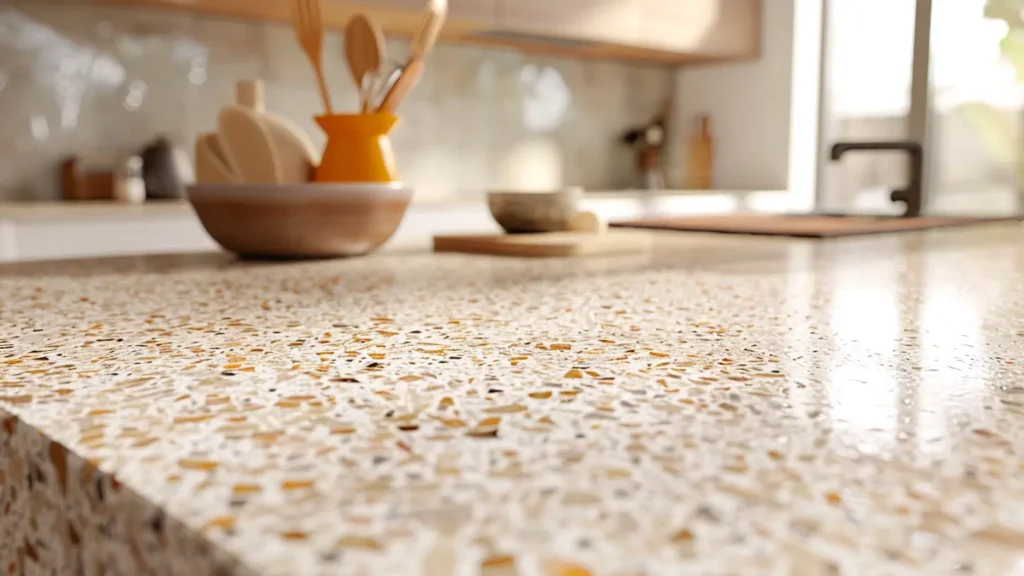 Yakın planda terrazo kaplama yüzey dokusu ve renkli agrega parçacıkları detayı