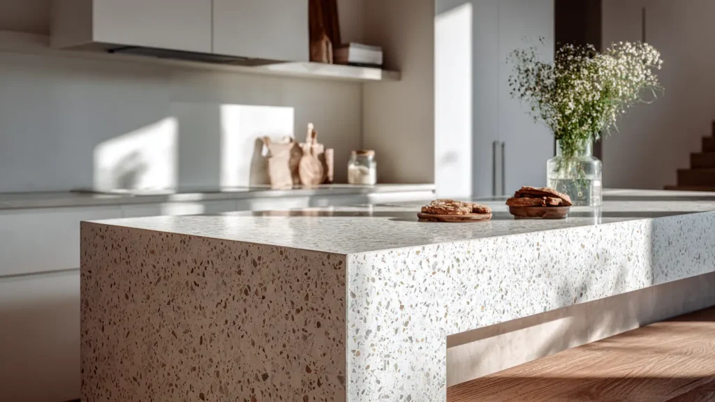 Mutfak adasında kullanılan terrazo kaplama tezgâh ve zemin uyumu