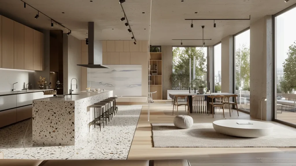 Mutfak adasında kullanılan terrazo kaplama tezgâh ve zemin uyumu