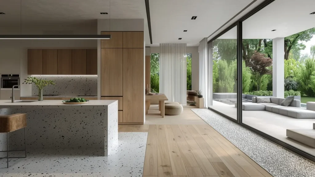 Minimalist yaşam alanında terrazo kaplama zemin ile doğal ışık kullanımı