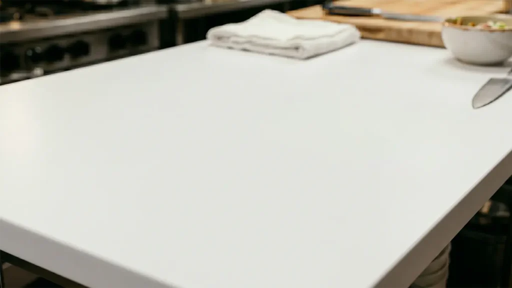 Beyaz mat akrilik solid surface mutfak tezgah, dikişsiz lavabo entegrasyonu detayı