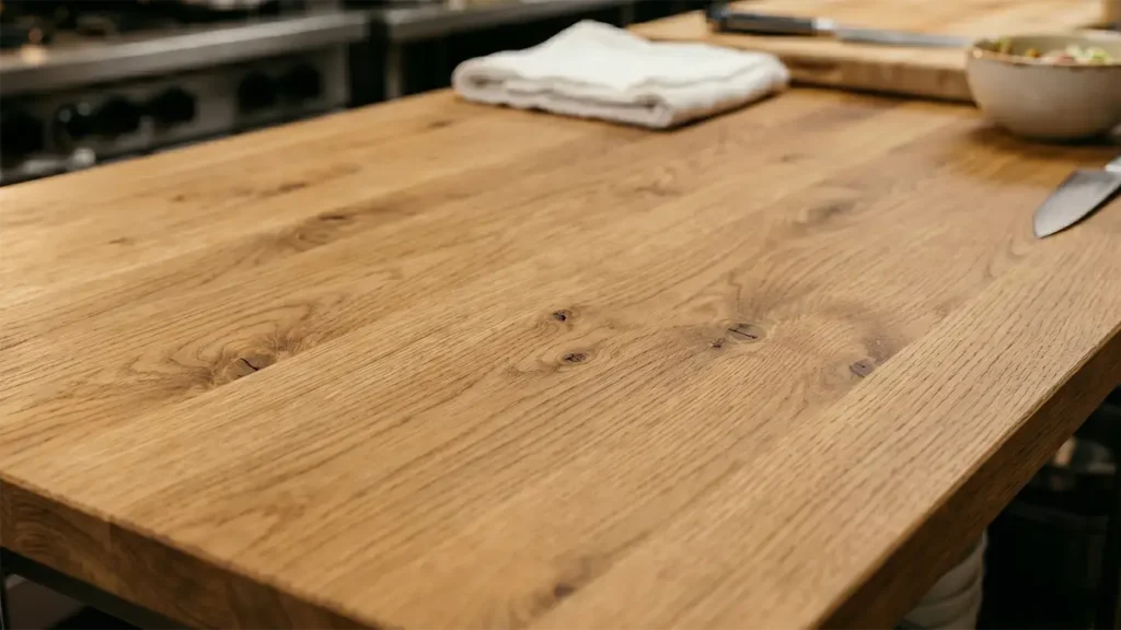 Meşe butcher block ahşap mutfak tezgah, doğal tahta desen detayı