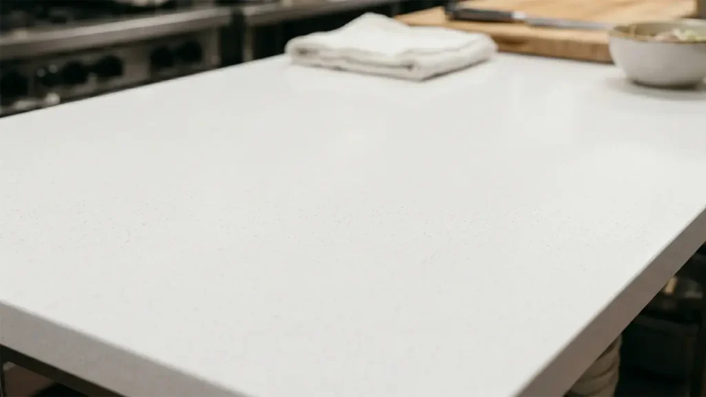 Beyaz quartz mutfak tezgah yüzeyi, mat finish detay görünümü