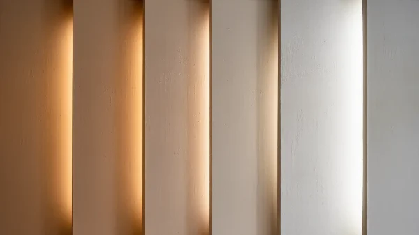 Krem renkli tek bir duvar yüzeyinin 2500K, 3000K, 3500K, 4500K, 5000K ve 6000K ışık sıcaklıkları altında farklı algılanışını gösteren karşılaştırmalı görsel, iç mimarlıkta doğru aydınlatma seçiminin malzeme rengini nasıl değiştirdiğini ortaya koyuyor.