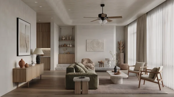 Mimarlık-iç mimarlık-inşaat-Japandi 2.0 iç mekân tasarımı; doğal ahşap yüzeyler, sıcak toprak tonları ve sade ama karakterli mobilyalarla huzurlu bir yaşam alanı.