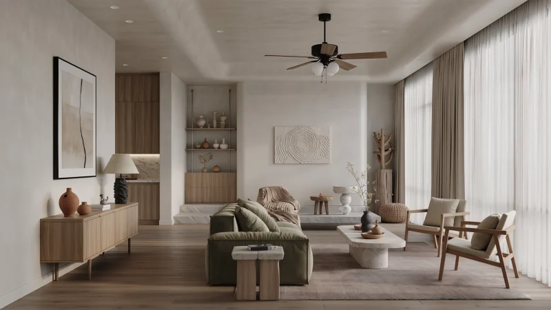 Mimarlık-iç mimarlık-inşaat-Japandi 2.0 iç mekân tasarımı; doğal ahşap yüzeyler, sıcak toprak tonları ve sade ama karakterli mobilyalarla huzurlu bir yaşam alanı.