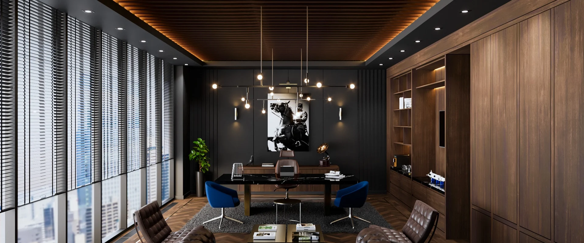 İç mimarlık ofisi- Zengin deri dokusu ve pirinç çakma detayları; oturum elemanının işçilik odaklı karakterini vurguluyor.