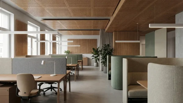 Akustik ofis tasarımı kapsamında gürültü kontrolü sağlanmış, dengeli ve sakin bir çalışma ortamı