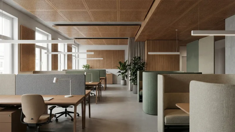 Akustik ofis tasarımı kapsamında gürültü kontrolü sağlanmış, dengeli ve sakin bir çalışma ortamı
