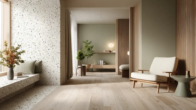 Minimalist yaşam alanında terrazo kaplama zemin ile doğal ışık kullanımı