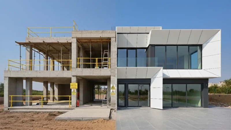 Bir villanın yarısı kaba beton taşıyıcı sistem ve iş güvenliği ekipmanlarıyla şantiye halinde, diğer yarısı ise tamamlanmış dış cephe olarak gösteriliyor.